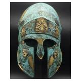 Ancient Greek style bronze helmet sculpture interior view with verdigris patina and molded form, pro