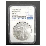 United States 2020 Eagle silver dollar, Early Releases MS 70, NGC graded.