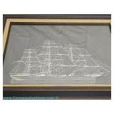 Framed nautical sterling silver silhouette titled Clipper Ship Cutty Sark in a maritime style with a
