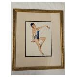 Framed Vargas pin up style print dating to the mid 20th century with a winged showgirl in a blue cos