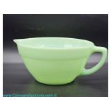 Fire-King jadeite mixing bowl with handle and spout; measures 9.5" wide