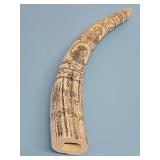 Decorative scrimshaw style featuring ships and portraits with inscriptions 