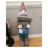  Painted garden gnome statue holding a reversible sign reading "Welcome" and "Go Away" as shown; mea