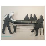 Unsigned painted metal wall sculpture depicting a billiards scene with player, seated figures and po