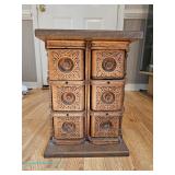 Carved wood Victorian style sewing machine drawer cabinet with eight front drawers, decorative side 