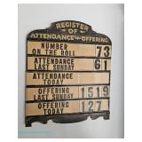 Cast metal and cardboard wall-mounted church register of attendance and offering board with sliding 