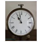  Brass tabletop clock in the form of an oversized pocket watch with Roman numeral dial and folding e