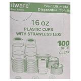 100 Pack 16 oz Clear Plastic Cups with Strawless Sip-Lids 100 Pack 16 oz Clear Plastic Cups with Strawless Sip-Lids