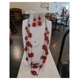 Red beaded necklace and earring set