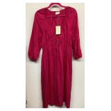 Women's Tie-Front Puff 3/4 Sleeve MIDI Dress