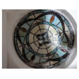 VINPLUS 12 in. 2-Light White Flush Mount with Amber Green Stained Glass Shade