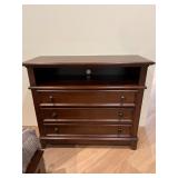 Three-Drawer Media Console with Open Shelf – Warm Wood Finish