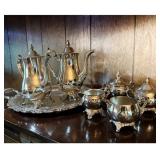 Silver Toned Tea Set with Tray, Coffee Pots, and Cream & Sugar Sets