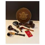 Vintage Tobacco Pipes, Antique Powder Flask & Eagle‑Emblem Tin