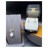 14k Pearl Diamond Stud Earrings & Charm Necklace