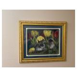 T.L. Fisher Pastel Kittens and Tulips in Gilt Frame