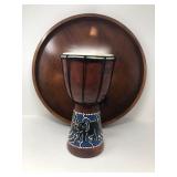 Hand-Painted Elephant Djembe Drum with Wooden Round Tray