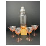 Pink Glass Cocktail Shaker & Etched Sherbet Glasses Set