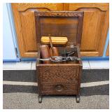 Gorgeous antique tiger oak shoe shine box with brushes and accessories
