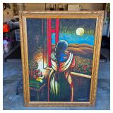 Vintage Mexican oil painting in gorgeous detailed wood frame by P. Steward