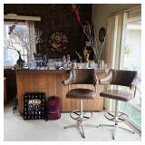 Mid century bar, bar stools, bar ware, and home decor