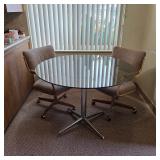 Mid century modern smoked glass top table, vintage Chromcraft chairs