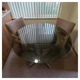 Mid century modern smoked glass top table, vintage Chromcraft chairs