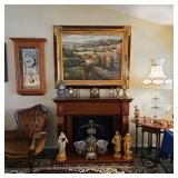 Gorgeous vintage parlor lamp, vintage clocks, and art