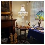 Gorgeous vintage parlor lamp, antique drop leaf table, Tiffany style stained glass lamp