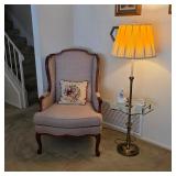Woodmark Originals Queen Anne Wingback Chair with Stiffel brass floor lamp with glass top table