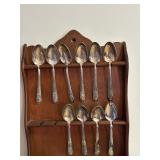 Collectible Silverplate Spoons and Hanging Wood Display 