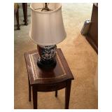 Antique Side Table and Porcelain Table Lamp 