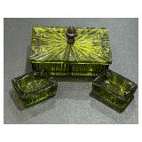 Vintage Tiara Green Pressed Glass Smoking Set 