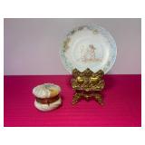 Antique Cherub Plate with Gold Tone Plate Holder and Trinket Box