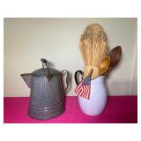 Vintage Enamelware Graniteware Cowboy Coffee Pot & White Enamel Pitcher