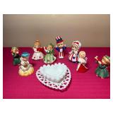 Vintage Ceramic Figurine Collection with Milk Glass Dishes