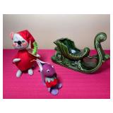 Vintage Festive Christmas Mouse Figures and Ceramic Sleigh