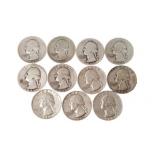 Eleven Silver US Washington Quarters 1935-1964