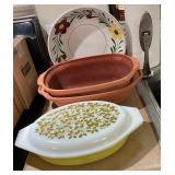 Pyrex covered casserole, terra cotta baking dish floral serving bowls