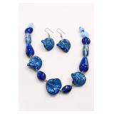Blue Glass Bead Necklace and Earring Set