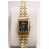 Gold-Tone Rectangular Wristwatch with Black Dial