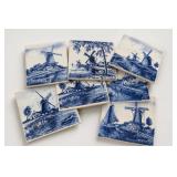 Six Blue and White Windmill Decorated Tiles