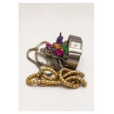 Assorted Costume Jewelry and Silver-Tone Wristwatch