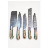 Five Patterned Metal Kitchen Knives with Multicolor Handles