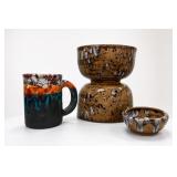 Three Brown and Multicolor Glazed Pottery Pieces