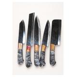Five Mixed Kitchen Knives with Patterned Handles