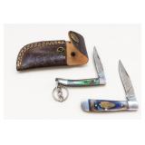 Three Pocket Knives with Brown Sheath