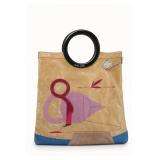 Tan and Blue Tote Bag with Black Handles