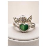Silver-Tone Ring with Green Heart Stone and Wings