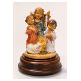 Painted Figurine of Children and Angel on Wood Base